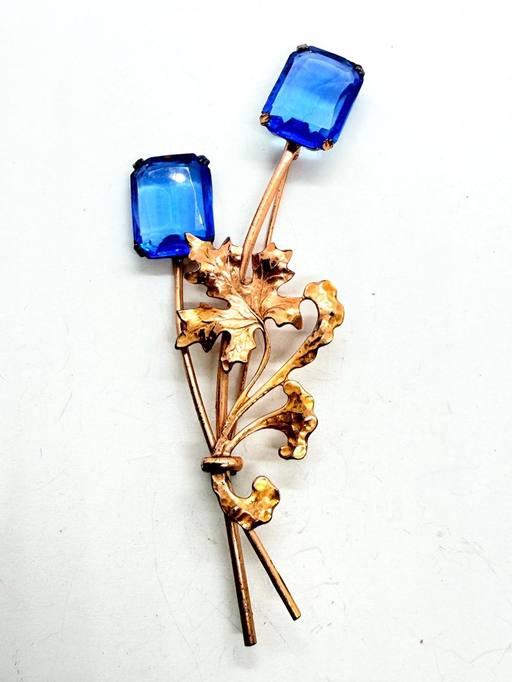 40s Corocraft Coro Sterling Silver Vermeil Flower Blue Rhinestone Brooch Pin 4”